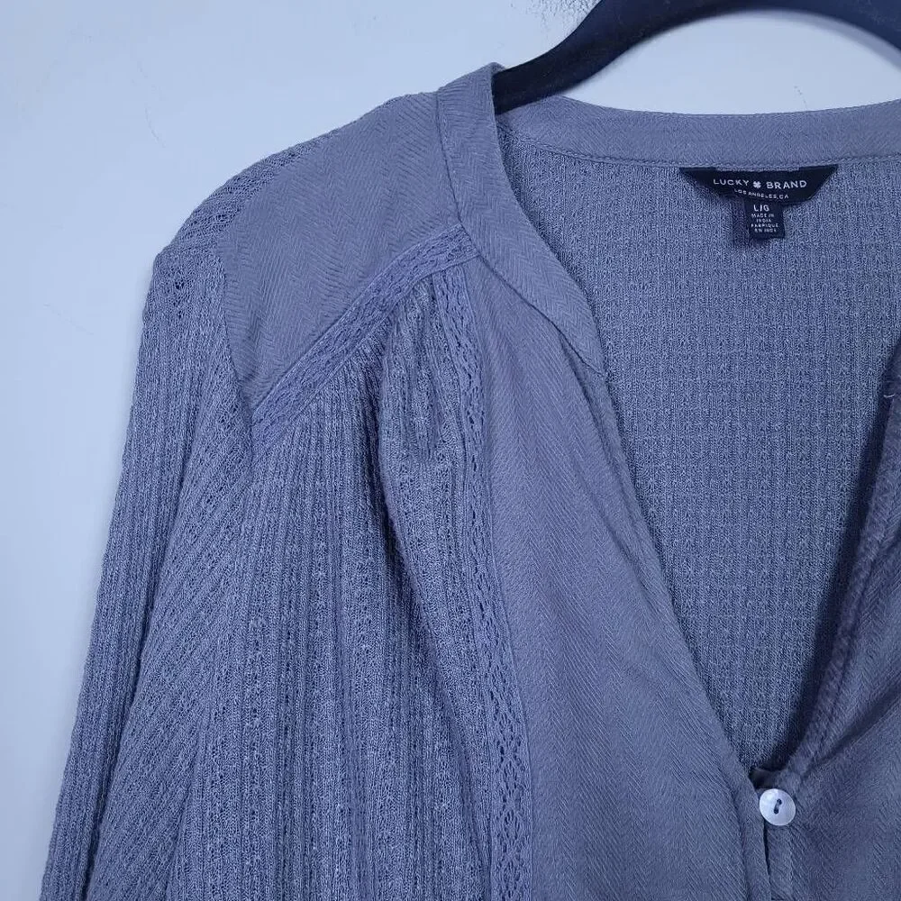 Lucky Brand Womens Knit Button Front Top Sz Large Grey Long Sleeve Boho Peasant